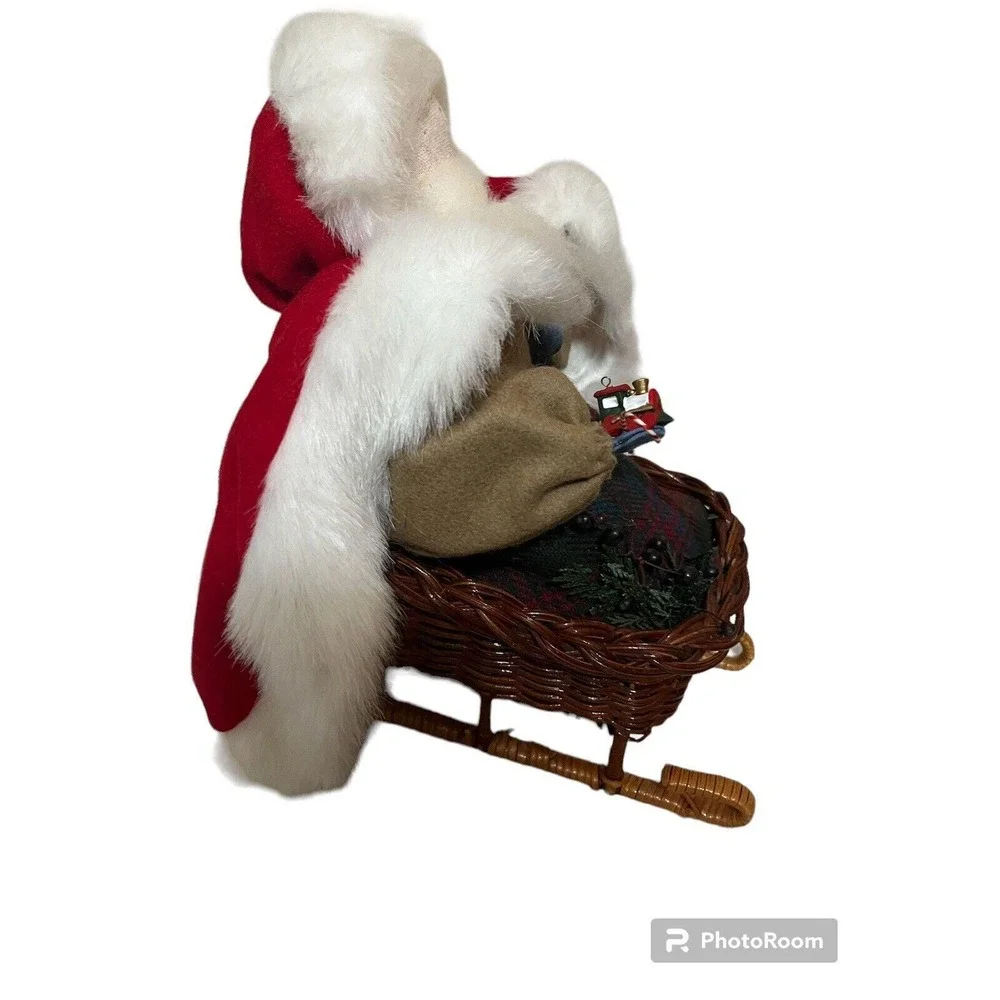 Primitive Santa Claus in Wicker Sleigh Rustic Christmas Decor Red Faux Fur Cloak